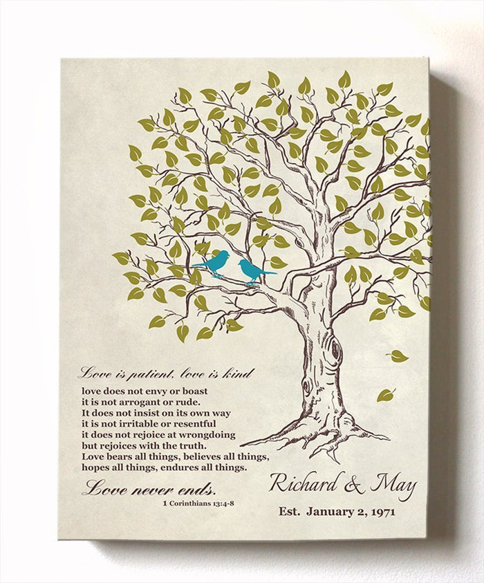 Custom Family Tree & Lovebirds with Bible Verse Stretched Canvas Wall Art, Wedding & Anniversary Gifts, Unique Wall Decor, Beige # 2 - B01HWLKOLO