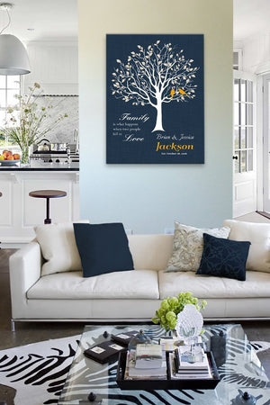 Custom Family Tree When Two People Fall In Love Stretched Canvas Wall Art Wedding & Anniversary Gifts - Navy Masterpiece - MuralMax Interiors