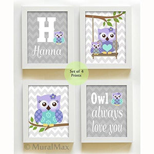 Custom Owl Always Love You Chevron Nursery Art - Set of 4 - Unframed Prints-Purple Gray Decor - MuralMax Interiors