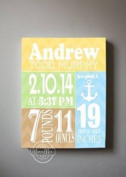 Custom Unique Birth Announcements For Boy - Chevron Nautical Nursery Art Decor - Make Your New Baby Gifts Memorable - (Brown & Mustard) - Stretched Canvas-B018GTCCOS