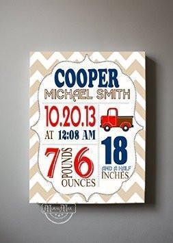 Custom Unique Birth Announcements For Boy - Chevron & Pickup Truck Nursery Art Decor - Make Your New Baby Gifts Memorable - (Tan & Navy) - Stretched Canvas - 30-DAY-B018GTBBPO