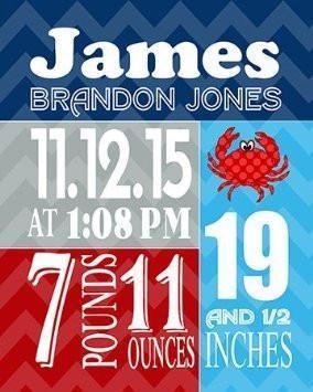 Custom Unique Birth Announcements For Boy - Chevron & Shellfish Nursery Art Decor - Make Your New Baby Gifts Memorable - (Blue & Red) - Stretched Canvas - 30-DAY-B018GT9QMY - MuralMax Interiors