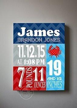 Custom Unique Birth Announcements For Boy - Chevron & Shellfish Nursery Art Decor - Make Your New Baby Gifts Memorable - (Blue & Red) - Stretched Canvas - 30-DAY-B018GT9QMY - MuralMax Interiors