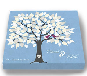 Custom Wedding Guest Book 100-150 Leaf Family Tree Stretched Canvas Wall Art - Unique Wall Decor - Blue - MuralMax Interiors