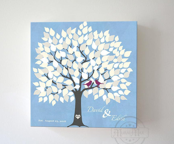 Custom Wedding Guest Book 100-150 Leaf Family Tree Stretched Canvas Wall Art - Unique Wall Decor - Blue