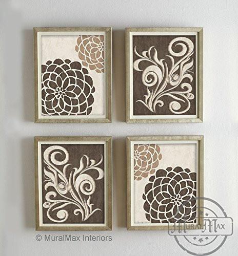 Dahlia Flower Wall Art Theme - UNFRAMED Prints - Set of 4 - Brown - Taupe & Cream-B018KOEL34