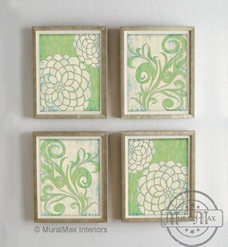 Dahlia Flower Wall Art Theme - UNFRAMED Prints - Set of 4 - Green - Beige & Cream-B018KOEI82