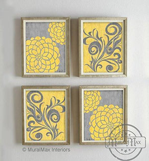 Dahlia Vintage Flower Theme -UNFRAMED Prints - Set of 4 - Yellow & Gray-B018KOEJN6 - MuralMax Interiors