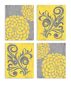 Dahlia Vintage Flower Theme -UNFRAMED Prints - Set of 4 - Yellow & Gray-B018KOEJN6 - MuralMax Interiors