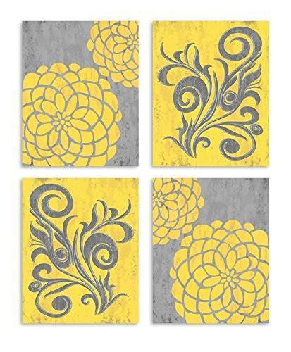 Dahlia Vintage Flower Theme -UNFRAMED Prints - Set of 4 - Yellow & Gray-B018KOEJN6