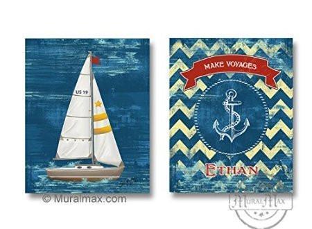 Distressed Chevron Art - Personalized Make Voyages Nautical Sailboat Theme - Unframed Prints - Set of 2-B018KOB0WO