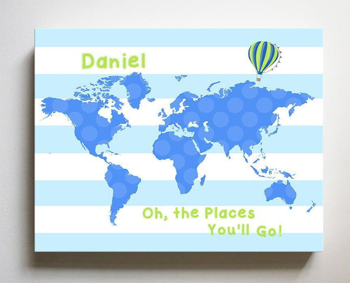 Dr Seuss Nursery Decor Personalized Striped Canvas World Map Kids Room Art - Oh The Places You'll Go-B018ISG496