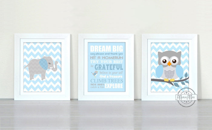 Dream Big Animal Nursery Art - Owl & Elephant Theme - Set of 3 - Unframed Prints