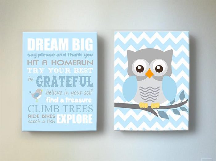 Dream Big Inspirational Quote Nursery Art - Owl Boy Nursery Canvas Decor - Set of 2