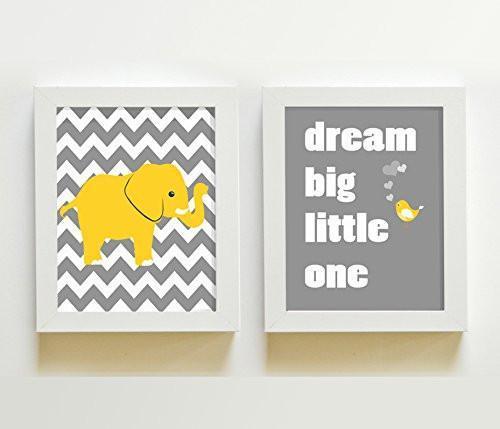 Dream Big Inspirational Rhyme Baby Boy Nursery Wall Art - Yellow And Gray Elephant Decor - Set of 2 - Unframed Prints-B01CRMKHRY