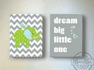 Dream Big Little Nursery Art - Gray Green Elephant Nursery Decor  Set of 2 Canvas Wall Art - MuralMax Interiors