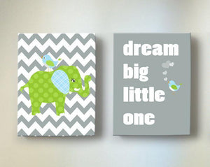 Dream Big Little Nursery Art - Gray Green Elephant Nursery Decor  Set of 2 Canvas Wall Art - MuralMax Interiors