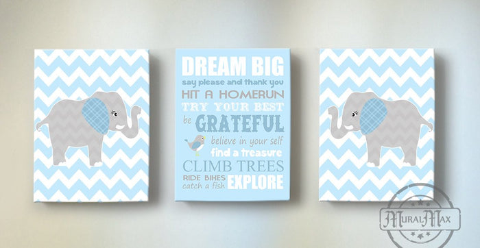 Dream Big Little One Elephant Nursery Decor - Inspirational Quote Baby Boy Canvas Nursery Art - Set of 3