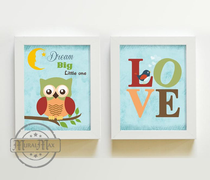 Dream Big Little One Owl Boy Room Wall Art - Unframed Prints - Set of 2