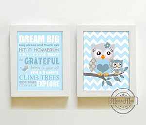Dream Big Mom & Baby Owl Playroom Rules Wall Art Print - Inspirational Quote - Set of 2 - Unframed Prints - MuralMax Interiors