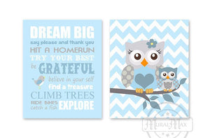Dream Big Mom & Baby Owl Playroom Rules Wall Art Print - Inspirational Quote - Set of 2 - Unframed Prints - MuralMax Interiors