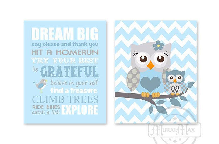 Dream Big Mom & Baby Owl Playroom Rules Wall Art Print - Inspirational Quote - Set of 2 - Unframed Prints