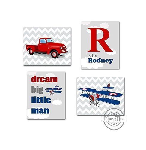 Dream Big Personalized Airplane & Truck Theme - Set of 4 - Unframed Prints-B01CRMHS44