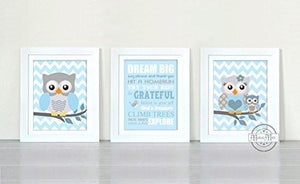 Dream Big Playroom Rules Baby Owl Decor - Set of 3 - Unframed Prints-Baby Blue Decor - MuralMax Interiors