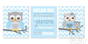 Dream Big Playroom Rules Baby Owl Decor - Set of 3 - Unframed Prints-Baby Blue Decor - MuralMax Interiors