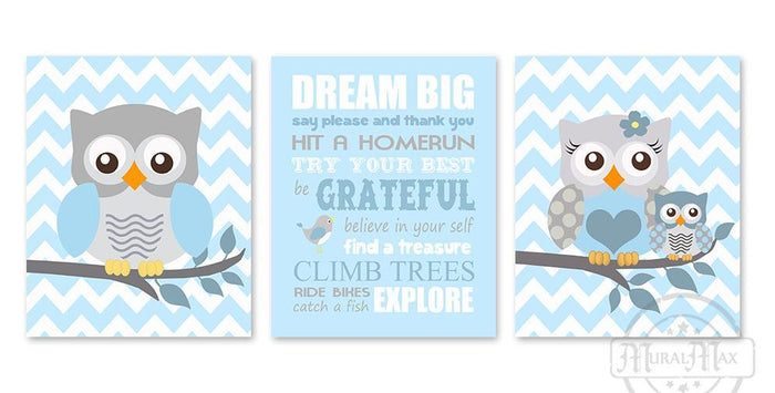 Dream Big Playroom Rules Baby Owl Decor - Set of 3 - Unframed Prints-Baby Blue Decor