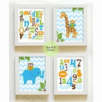 Educational Alphabet & Numbers Nursery Art With Whimsical Animals - Chevron Unframed Prints - Set of 4-B018KOGMNQ