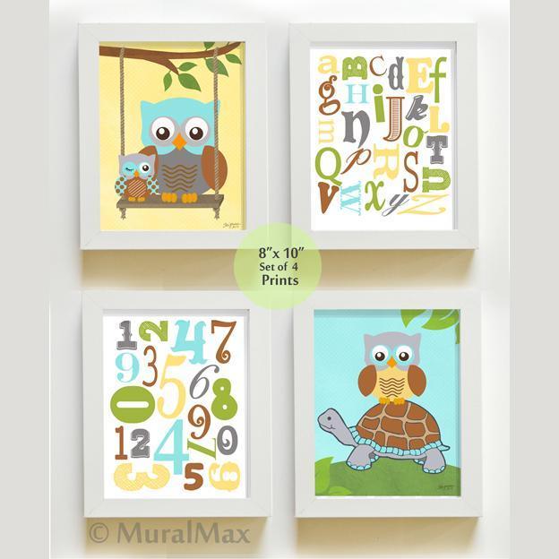 Educational Owl & Turtle Nursery Decor - Alphabet & Numbers Wall Art - Unframed Prints
