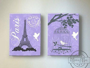 Eiffel Tower & Birdcage Wall Art - The Paris Collection - Lavender Canvas Decor - Set of 2-B018ISL8LA - MuralMax Interiors