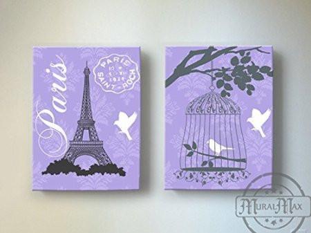 Eiffel Tower & Birdcage Wall Art - The Paris Collection - Lavender Canvas Decor - Set of 2-B018ISL8LA