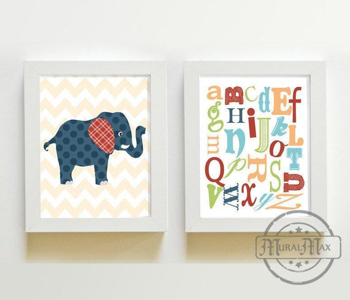 Elephant & Alphabet Nursery Wall Decor - Toddle Room Decor - Unframed Prints - Set of 2