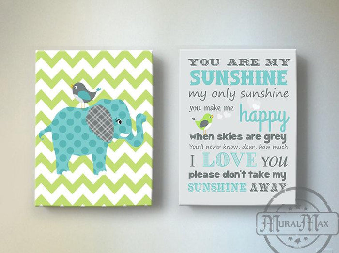 Elephant and You are My Sunshine Nursery Art - Safari Canvas Decor - Set of 2