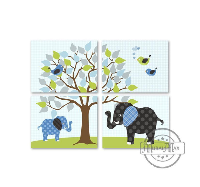 Elephant Baby Boy Nursery Prints - Baby Elephant Birds & Tree - Unframed Prints - Set of 4