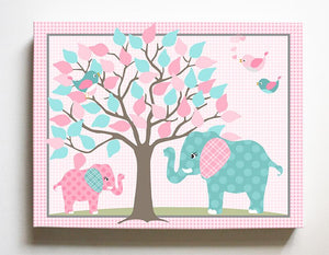 Elephant Family Pink Girls Nursery Decor - Elephant Safari Canvas Nursery Art - MuralMax Interiors