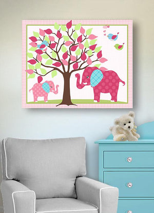 Elephant Girls Nursery Decor - Mom & Baby Elephant Safari Nursery Art - Hot Pink Aqua Canvas Art - MuralMax Interiors