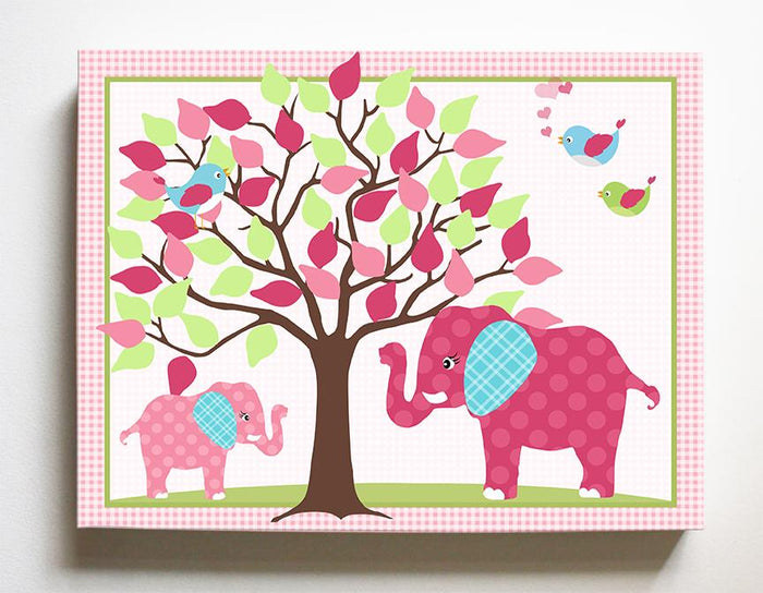 Elephant Girls Nursery Decor - Mom & Baby Elephant Safari Nursery Art - Hot Pink Aqua Canvas Art