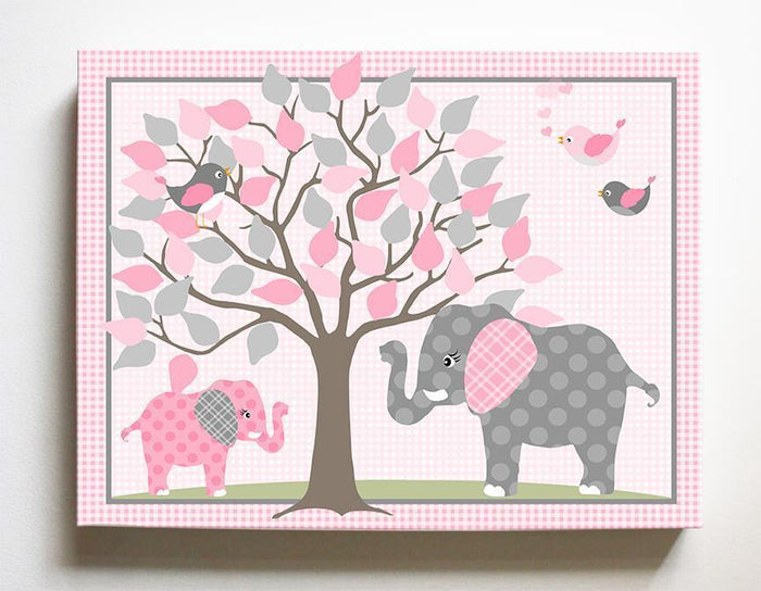 Elephant Girls Room Decor - Nursery Tree Art - Pink Gray Decor - Canvas Art