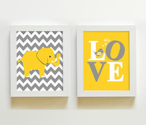 Elephant & Love Nursery Wall Art Yellow and Gray Nursery Decor - Set of 2 - Unframed Prints - MuralMax Interiors
