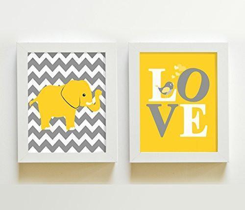 Elephant & Love Nursery Wall Art Yellow and Gray Nursery Decor - Set of 2 - Unframed Prints