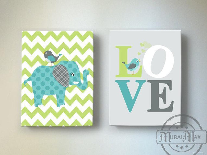 Elephant Nursery Art - Baby Nursery Love Inspirational Quote Chevron Canvas Art - Set of 2