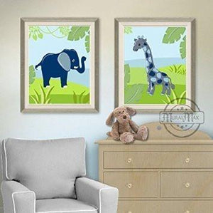Elephant Nursery Art - Navy Green Boy Room Decor - Unframed Prints - Set of 2 Elephant & Giraffe Prints - MuralMax Interiors