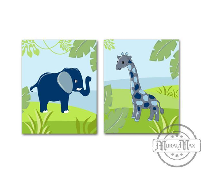 Elephant Nursery Art - Navy Green Boy Room Decor - Unframed Prints - Set of 2 Elephant & Giraffe Prints