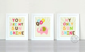 Elephant Nursery Decor - You Are My Sunshine Collection - Unframed Prints - Set of 3 Retro Prints - MuralMax Interiors