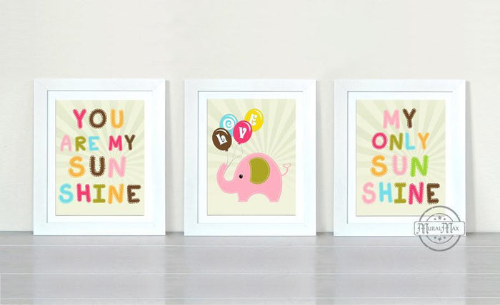 Elephant Nursery Decor - You Are My Sunshine Collection - Unframed Prints - Set of 3 Retro Prints