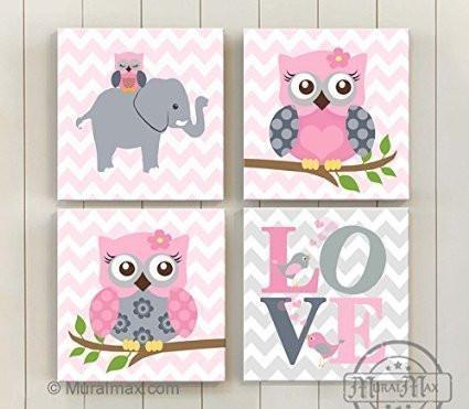Elephant & Owl Love Canvas Decor Nursery Wall Decor - Pink And Gray Nursery Art - Set of 4-B018ISORKO