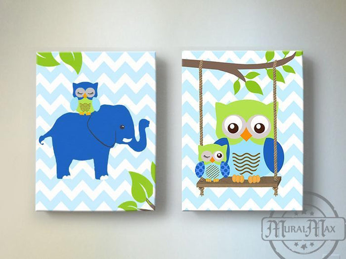 Elephant & Owl Nursery Art - Blue Green Boy Room Decor - Canvas Nursery Wall Art - Set of 2